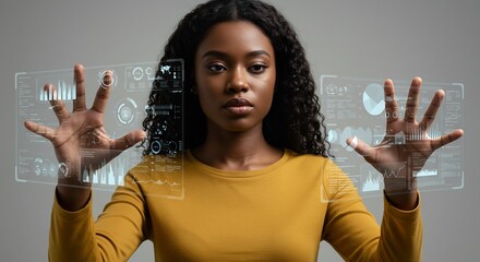 African American Woman Interacting with Futuristic Digital Interface Displaying Data and Technology Concepts in Studio