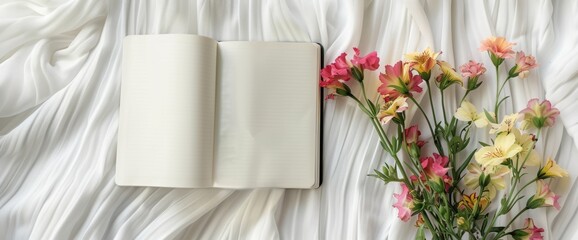Creative journaling flat lay with an open notebook and colorful flowers on a white bed.