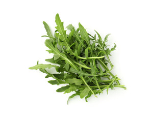 Fresh ripe green arugula leaves isolated on white, top view