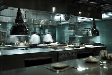 Busy professional restaurant kitchen with chefs in blurred motion.