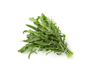 Bunch of fresh green arugula leaves isolated on white, top view