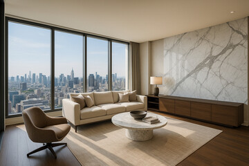 Fototapeta premium Luxury apartment with city view High-rise modern apartment interior with large windows and a city skyline view, featuring elegant furniture and finishes