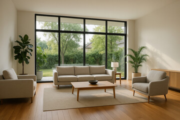 Fototapeta premium Bright living room Spacious living room with floor-to-ceiling windows, modern furniture, and lots of natural light, perfect for real estate use