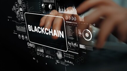 Modern Digital Interface Displaying Blockchain Technology Concept with Data Visualization and Analytics Graphics. Asymptotic smart data analytic.