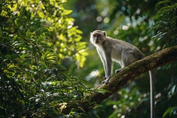 Monkey perched on a tree branch amidst lush green forest during daylight