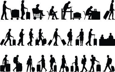 Silhouettes of Travelers with Luggage in Airport Settings, Walking, Sitting, Pushing Carts, Using Devices, Travel Lifestyle Vector Grid Illustration