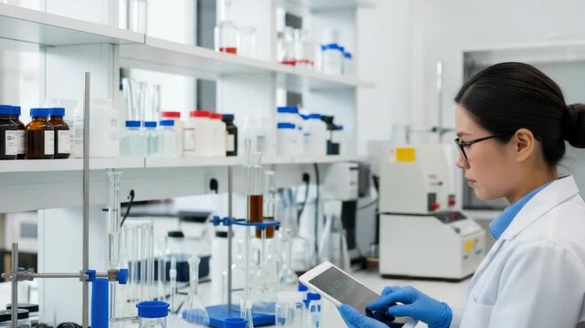 A focused female scientist in a laboratory setting wearing a white lab coat and blue gloves analyzing data on a tablet while surrounded by various glassware and scientific equipment - Powered by Adobe