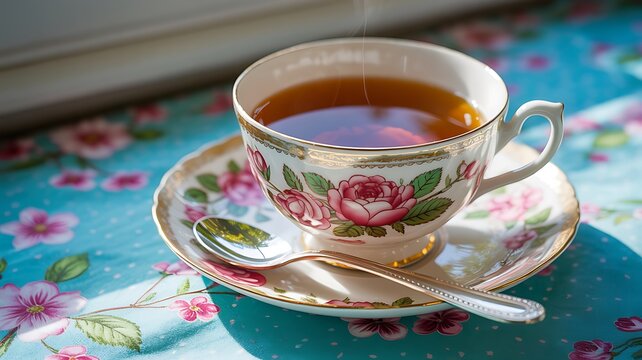 Enjoy a steaming cup of tea served in beautiful vintage floral china with a silver spoon - Powered by Adobe