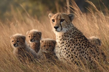 Obraz premium Cheetah mother and her playful cubs resting in golden grasslands during the late afternoon sun in a wildlife reserve