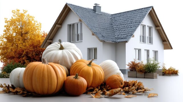 Classic white house adorned with pumpkins and seasonal plants, showcasing autumn charm in a minimalistic 3D design