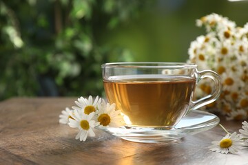 Aromatic tea in glass cup and chamomile flowers on wooden table, closeup