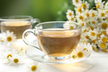 Aromatic tea in glass cups and chamomile flowers on white wooden table, closeup