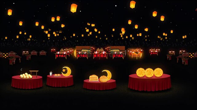 Mooncake display with lanterns and &ldquo;Moon Festival&rdquo; glowing sign. Mid-Autumn Festival celebration table with glowing lanterns and mooncake display