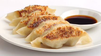 Crispy Golden Dumplings on a Plate with a Bowl of Soy Sauce for Dipping
