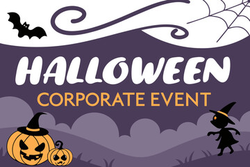 Fototapeta premium Halloween corporate event with pumpkins, bat, spider web, witch and abstract cloudscape illustration