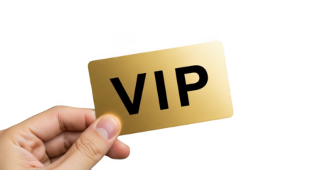 Hand holding a gold vip card isolated on transparent background