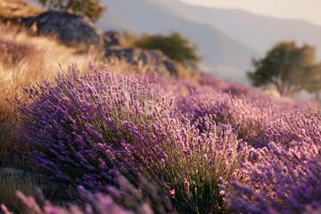 Fototapeta premium Scenic view of a blooming lavender field illuminated by warm evening sunlight in a mountainous rural setting. The image captures the tranquil beauty of nature in summer with rich purple tones, soft go