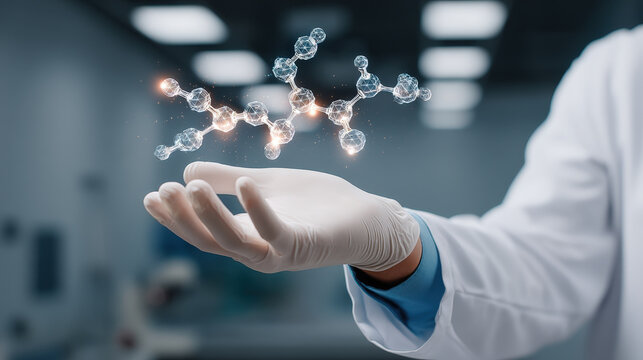 Scientist hand in lab coat holds digital molecular structure symbolizing AI role in job replacement - Powered by Adobe