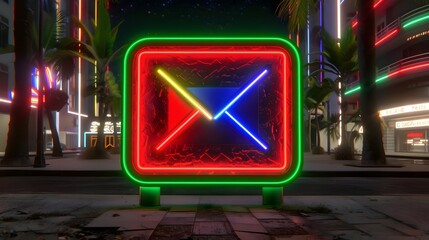Neon Lit Mail Icon in a Cityscape at Night