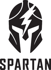Bold Spartan Helmet Logo with Lightning Bolt Black and White Design Representing Strength and Power Minimalist Graphic