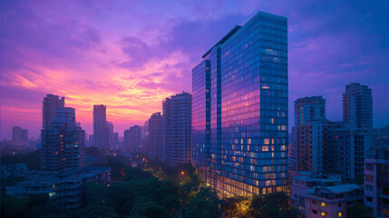 Fototapeta premium City skyline buildings silhouetted by sunset sky
