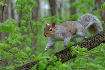Squirrel explores a tree branch in a lush green forest during springtime