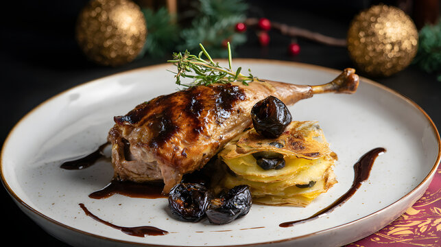 Oven Roasted Guinea Fowl Thigh with Prunes and Potato Garnish on Elegant Plate