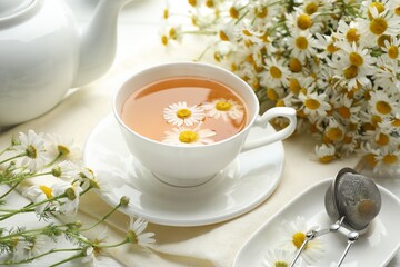 Tasty chamomile tea, infuser and flowers on white wooden table, closeup