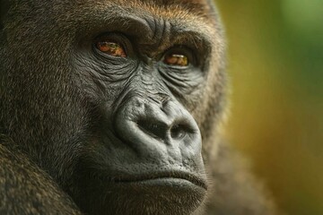 Obraz premium Majestic gorilla gazing into the distance during a sunny afternoon in the rainforest habitat