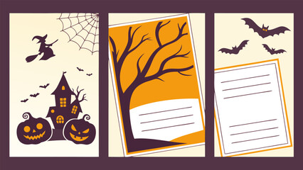 Three halloween themed cards with a witch, haunted house, pumpkins, tree, bats and blank paper sheets