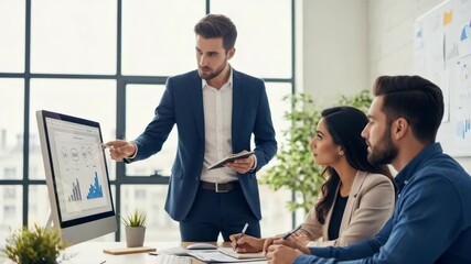 A professional business meeting in a modern office where a man in a suit presents data on a computer screen to two engaged colleagues with cityscape views in the background - Powered by Adobe