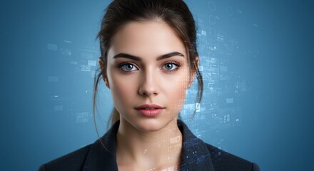 Futuristic Portrait of a Beautiful Woman with Blue Eyes, Digital Overlay, Artificial Intelligence, Cyberpunk Aesthetics, Biometric Scanning
