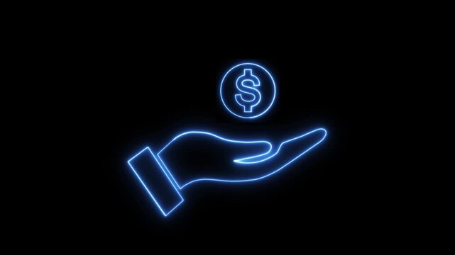 Neon glowing Human hand giving money icon isolated. money in the hands neon icon on black background. Receiving money icon. Glowing dollar on hand sign. blue color neon hand holding usd icon.
