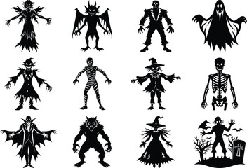 Vector art of collection of halloween monster silhouettes including a vampire, werewolf, witch, zombie, skeleton, ghost, and devil, isolated on transparent background