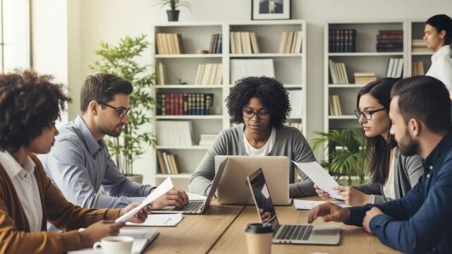 A diverse group of professionals engaged in a collaborative meeting around a table analyzing documents and discussing strategies with a bright office environment and bookshelves in the background