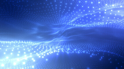3d bg data flow concept, sci-fi background digital space. Blue high tech field with glow particles form lines and surface waves. Hi-tech information flow, blockchain, big data visualization