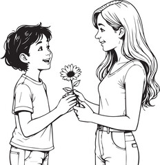 A Gift of Gratitude: A heartwarming moment captured in a delicate grayscale illustration where a young boy presents a sunflower to a smiling woman.