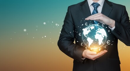Businessperson Holding a Glowing Globe with International Currency Symbols, Representing Global Finance and Investment Strategy