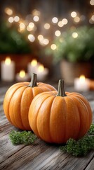 Festive autumn setting featuring assorted pumpkins, candles, and rustic decor on a wooden table, perfect for seasonal displays
