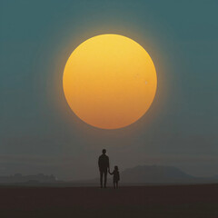 Silhouette of father and child holding hands beneath a giant glowing sun at dusk
