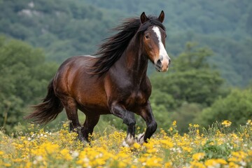 Obraz premium Majestic horse gallops through a vibrant field of wildflowers in sunny countryside setting