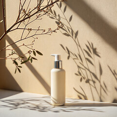 Cream pump bottle with silver neck and white dispenser on beige background with plant shadows skincare