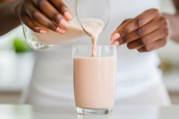 Woman pouring protein shake into glass in kitchen: healthy lifestyle and fitness nutrition