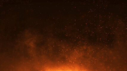 3D animation. Burning orange hot sparks rise from large fire. Background of bonfire, light and life. Fiery orange glowing flying ember particles on black background