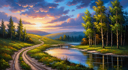 Obraz premium Title: Path to the Setting Sun Other possible titles: * Summer's End * A Winding Road Beside the Water * Sunset Creek * Golden Hour in the Meadow 