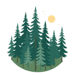 Obraz premium Dark green pine forest vector with glowing moon and tall trees, ideal for eco-friendly outdoor logos, badges, and scenic artwork