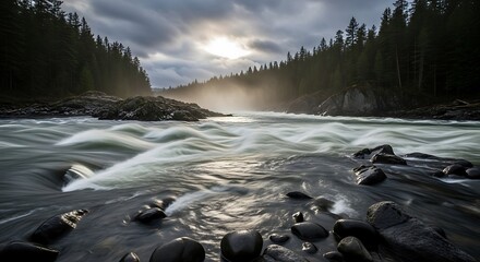 A river flows rapidly through a forest landscape, with rocks in the foreground and sunlight breaking through the cloudy sky in the background.