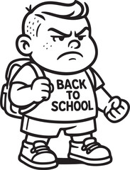Back to School Blues: A determined student, his face etched with a mix of resolve and reluctance, stands ready for the academic year, with a backpack, the words 'Back to School' emblazoned.