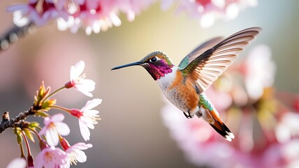 Fototapeta premium Stunning hummingbird gracefully soars among delicate cherry blossoms on a dreamy spring day