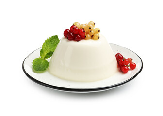 Tasty panna cotta with currants and mint isolated on white